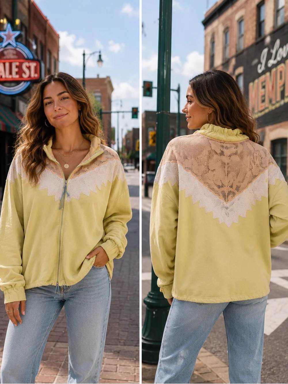 Free People Pale Yellow Lace-Trim Zip Hoodie  (671567) 🌼 ☀️